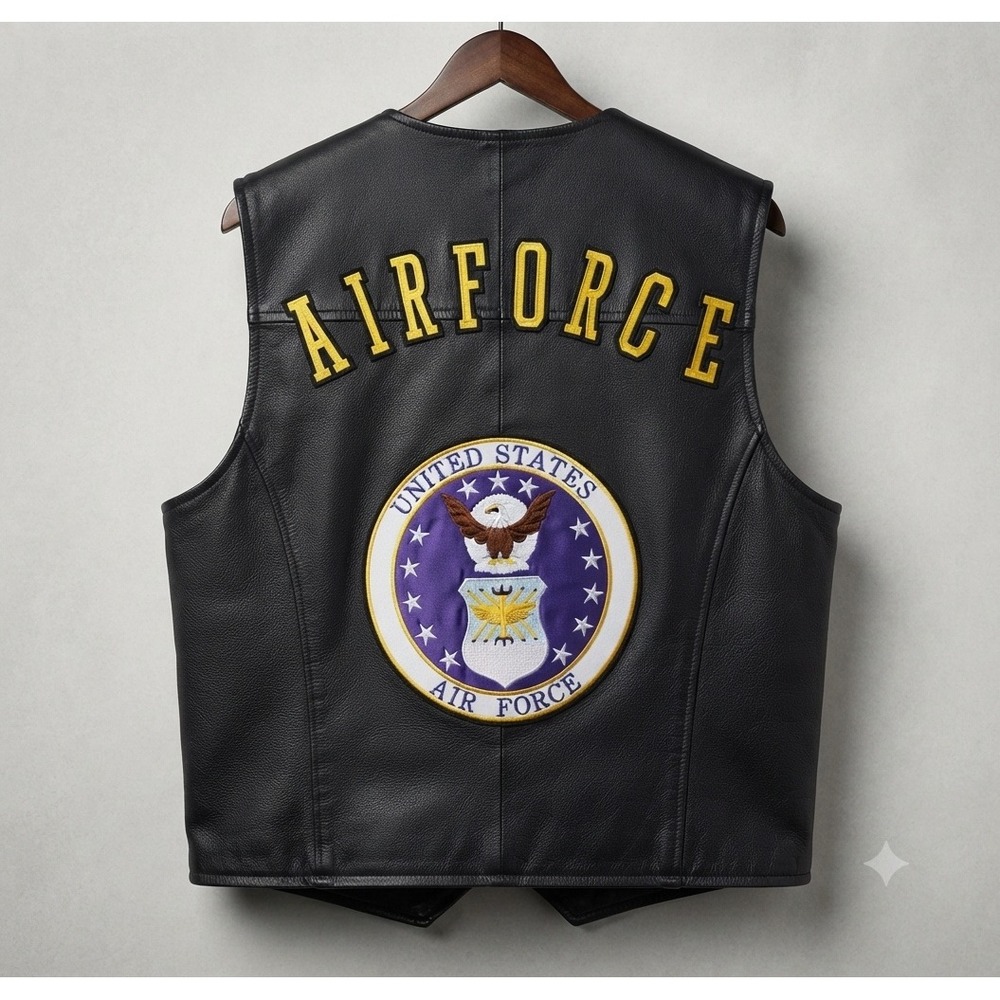 Leather USA Mens Large Air‎ Force Biker Vest Black Genuine Leather USAF Patch L